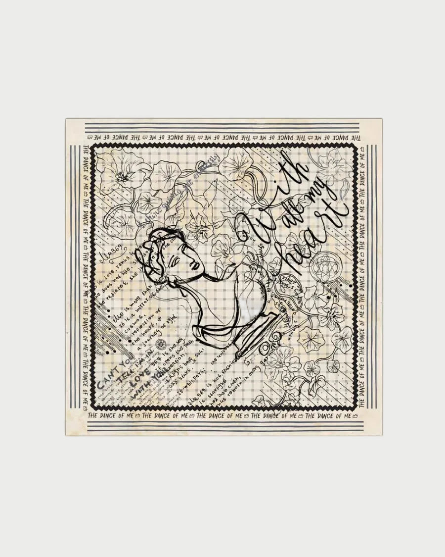 A square scarf featuring a vintage-style black ink illustration and typography on a cream background, displayed flat against a light beige backdrop.