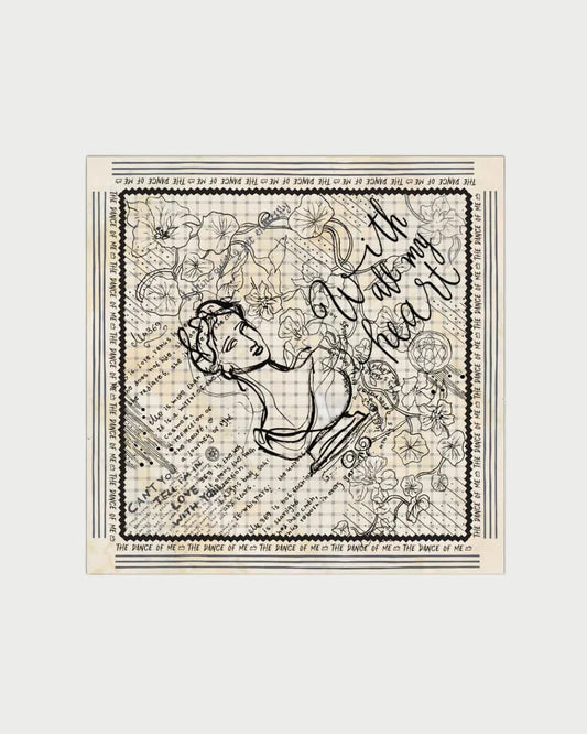 A square scarf featuring a vintage-style black ink illustration and typography on a cream background, displayed flat against a light beige backdrop.