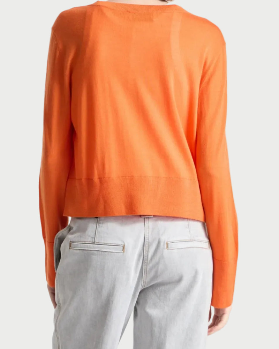 Person wearing an orange sweater and light gray pants on a white background
