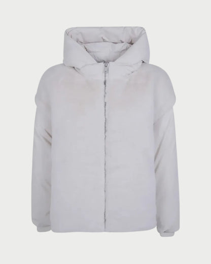 A white hooded puffer jacket with a front zipper, displayed on a clean white background.