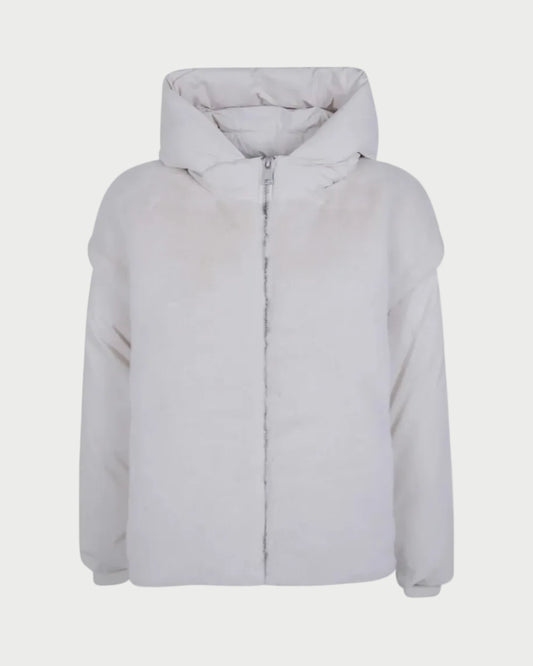 A white hooded puffer jacket with a front zipper, displayed on a clean white background.