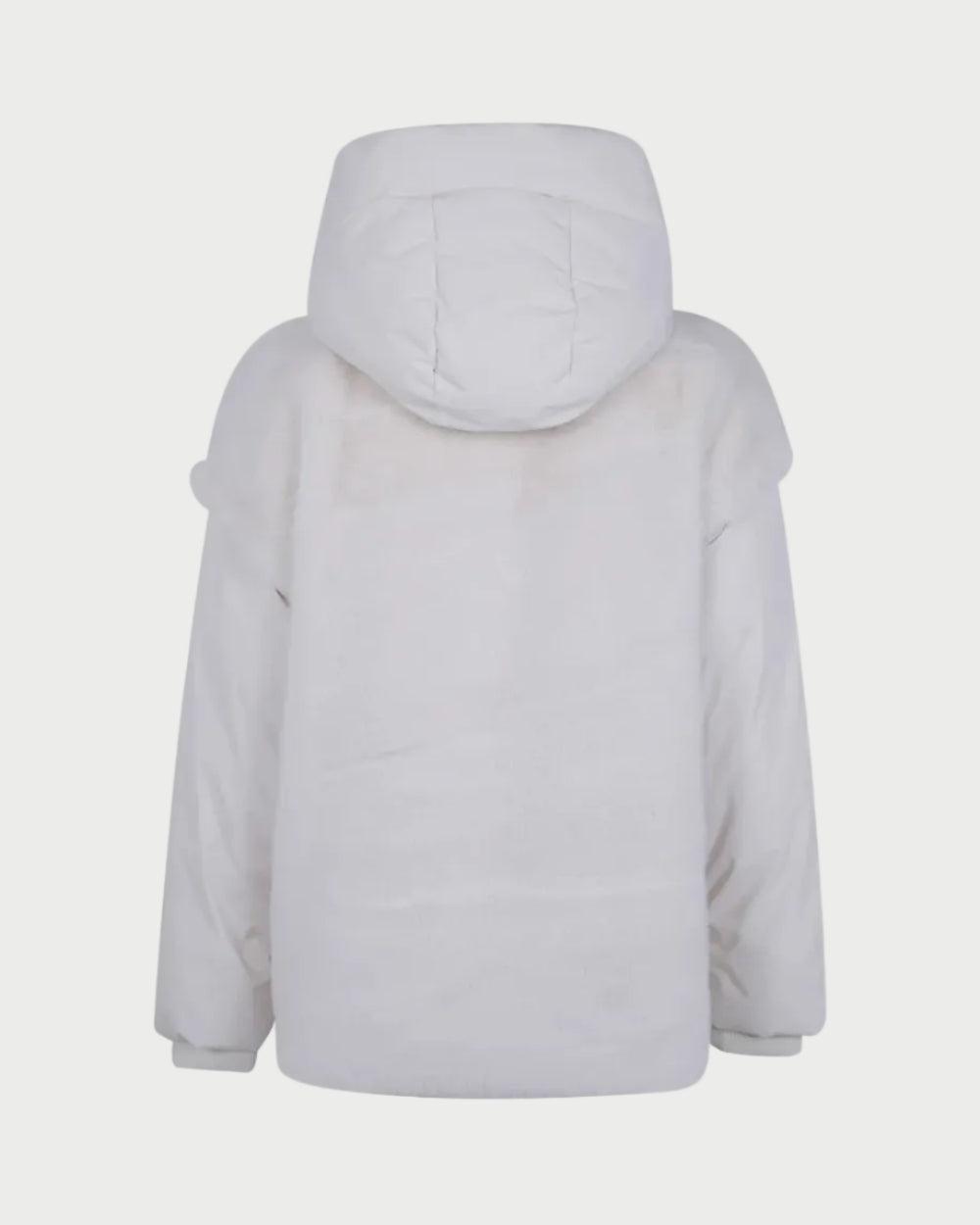 A white hooded puffer jacket shown from the back, photographed against a clean white background.