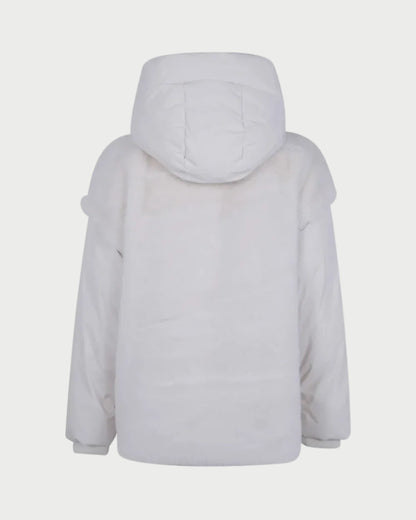 A white hooded puffer jacket shown from the back, photographed against a clean white background.