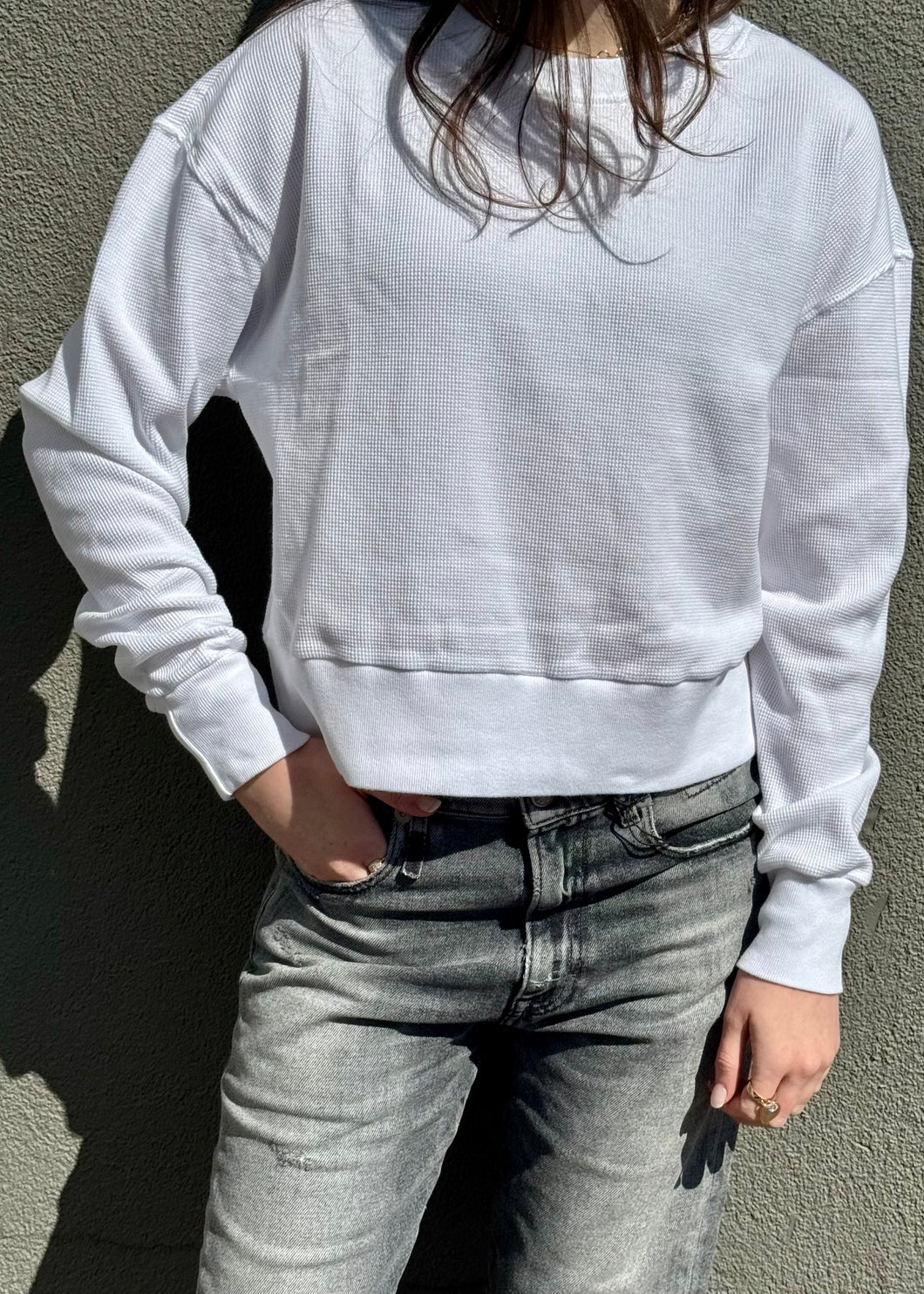 White Kendall Waffle Crewneck, available at west2westport.ocom