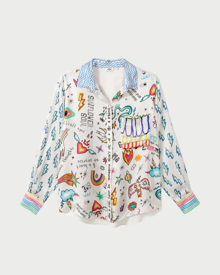 Colorful patterned shirt with text on a white background