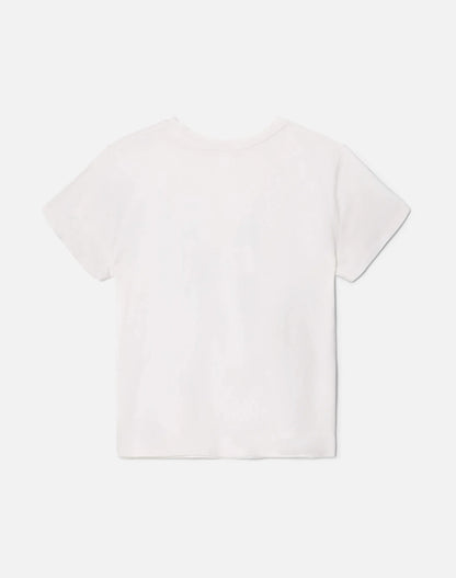 The RE/DONE Hard Work Snoopy Tee is shown laid flat, back side up, against a light background. The short-sleeve tee is plain white with no visible logos or patterns and is made from recycled heritage cotton.