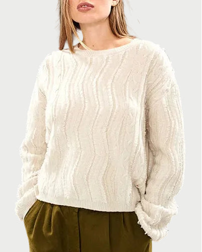 JUMPER1234 Raw Cut Cable Crew off-white oversized crewneck sweater in a vertical cable knit, featuring raw-edge detailing at the cuffs and hem.