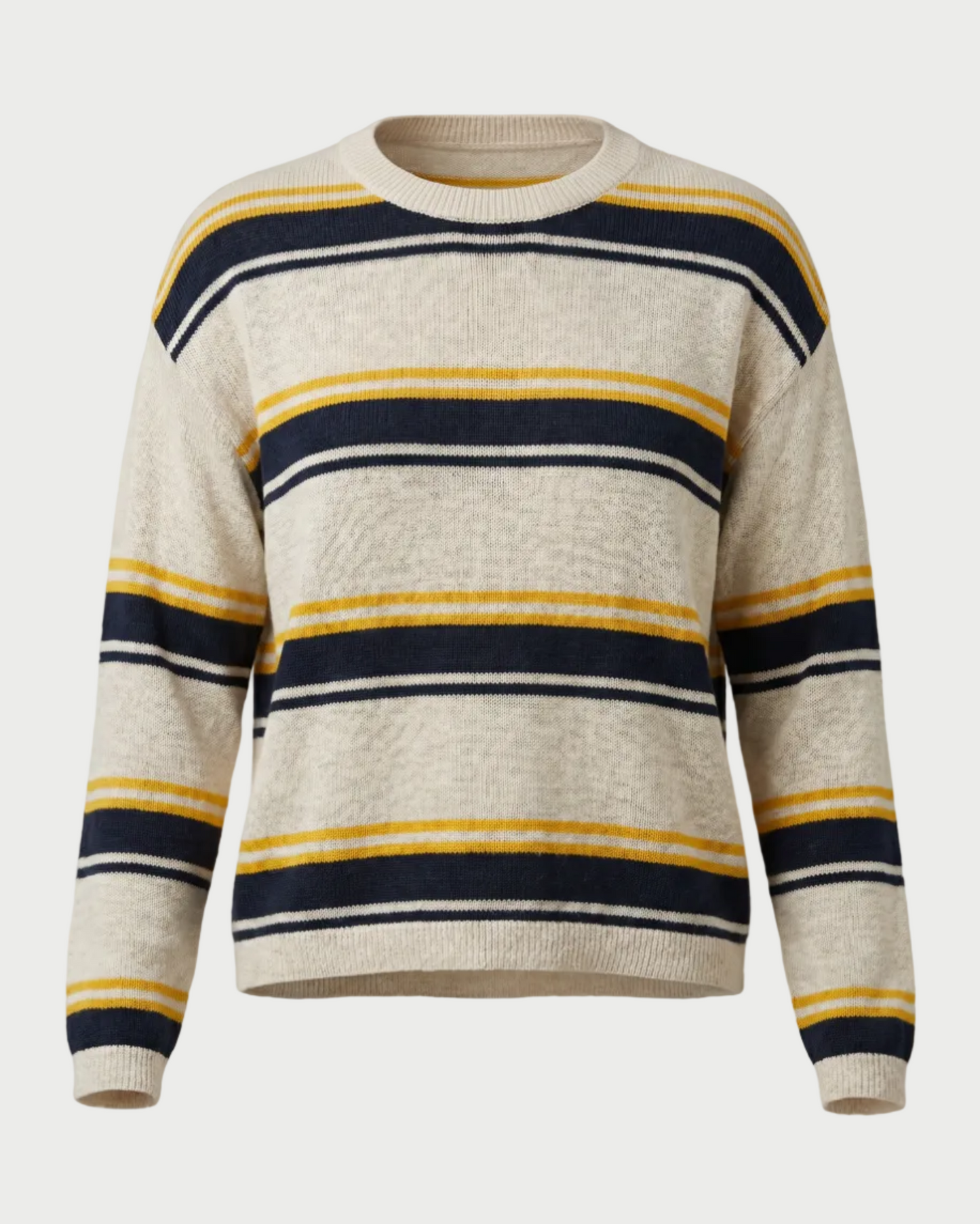 The One Grey Day Susannah Pullover by One Grey Day features coastal-inspired navy blue and yellow stripes on beige, a round neckline, long sleeves, and lightweight knit. Displayed against a plain white background.
