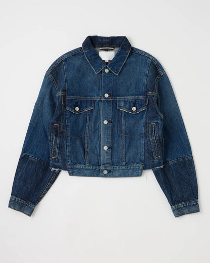 The Dover Two Tone Jean Jacket by Moussy features a cropped fit, stylish two-tone wash, button closures, flap chest pockets, and long sleeves. Shown laid flat on a white background.