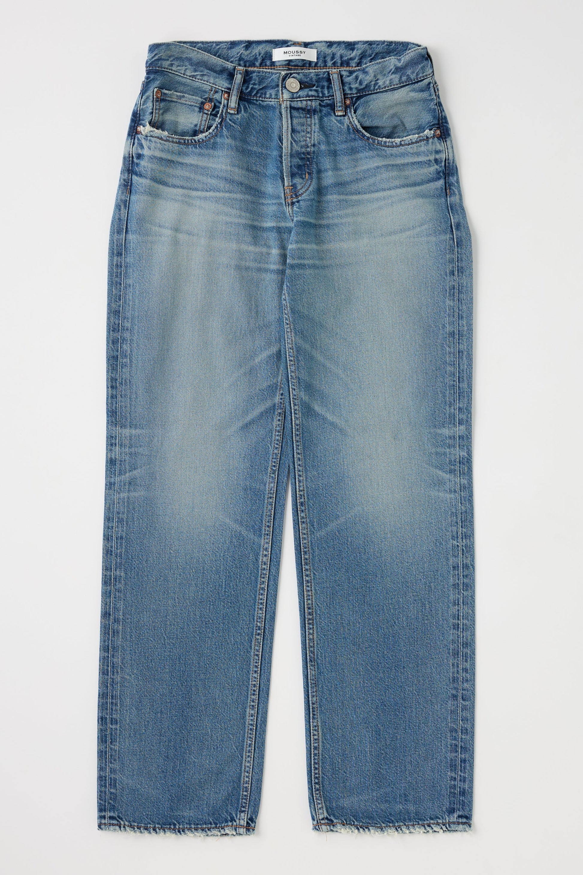 A pair of Moussy Millsboro Straight Low Jeans in light blue Japanese cotton denim with a straight-leg fit, five pockets, faded details, and raw frayed hems, shown laid flat on a white background.