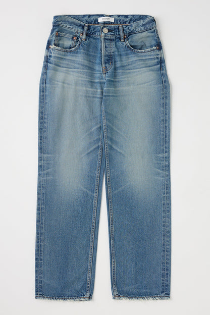 A pair of Moussy Millsboro Straight Low Jeans in light blue Japanese cotton denim with a straight-leg fit, five pockets, faded details, and raw frayed hems, shown laid flat on a white background.