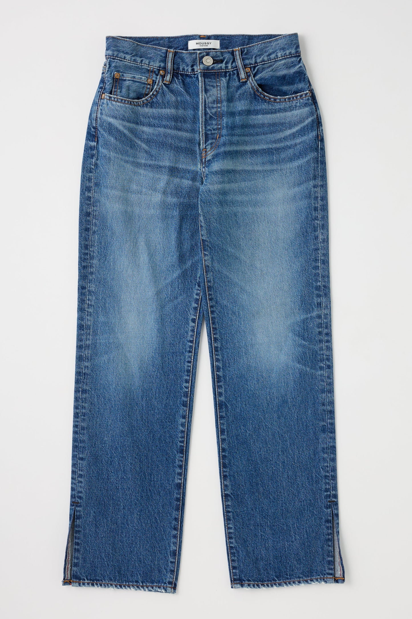 Moussy Sunset Straight Jeans in premium Japanese cotton denim with a mid-rise straight leg, subtle front fading, five pockets, and small slits at each pant leg hem, shown laid flat on a white background.