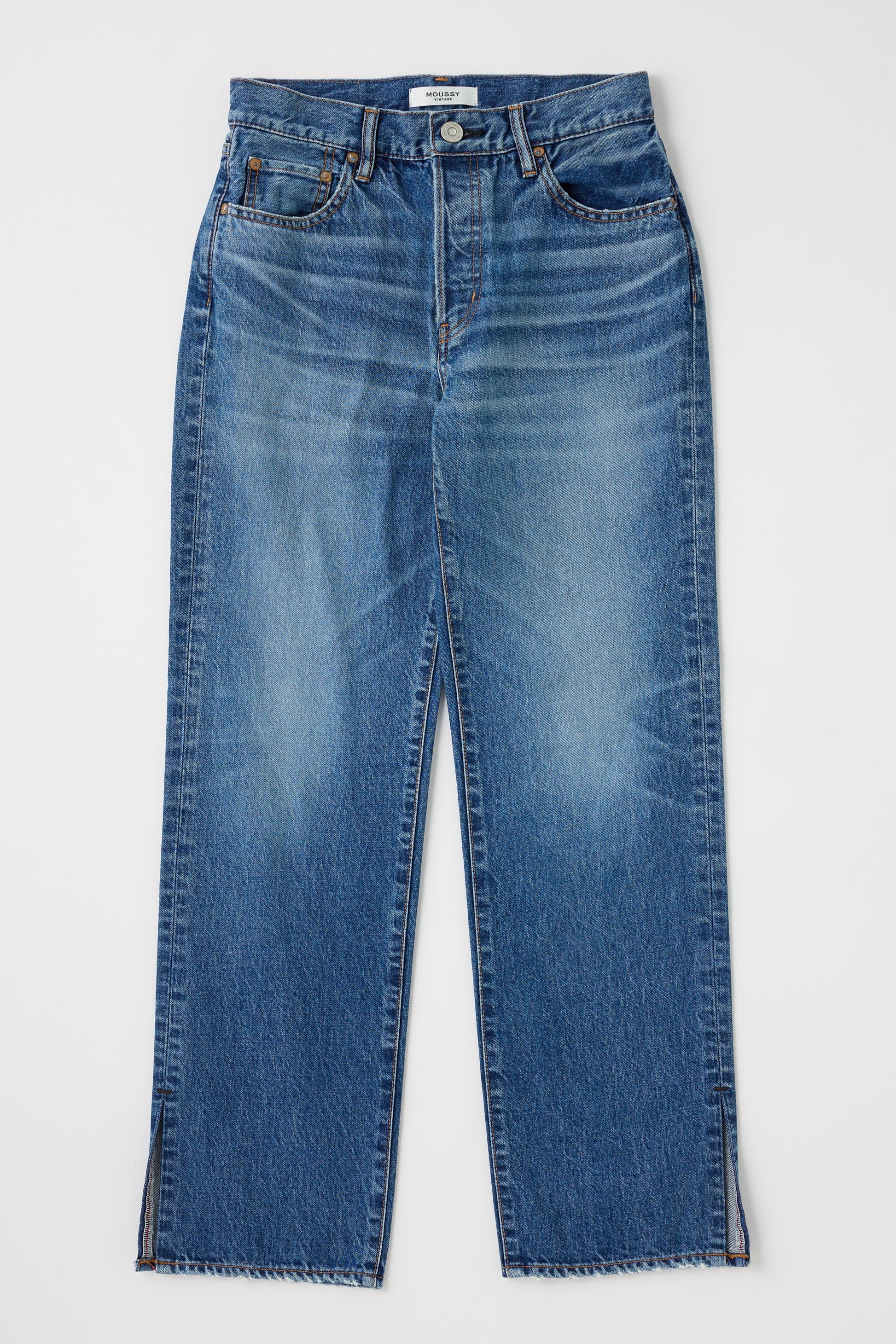 Moussy Sunset Straight Jeans in premium Japanese cotton denim with a mid-rise straight leg, subtle front fading, five pockets, and small slits at each pant leg hem, shown laid flat on a white background.