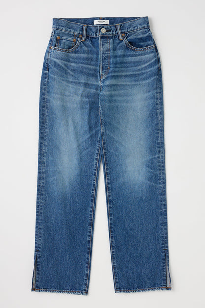 Moussy Sunset Straight Jeans in premium Japanese cotton denim with a mid-rise straight leg, subtle front fading, five pockets, and small slits at each pant leg hem, shown laid flat on a white background.