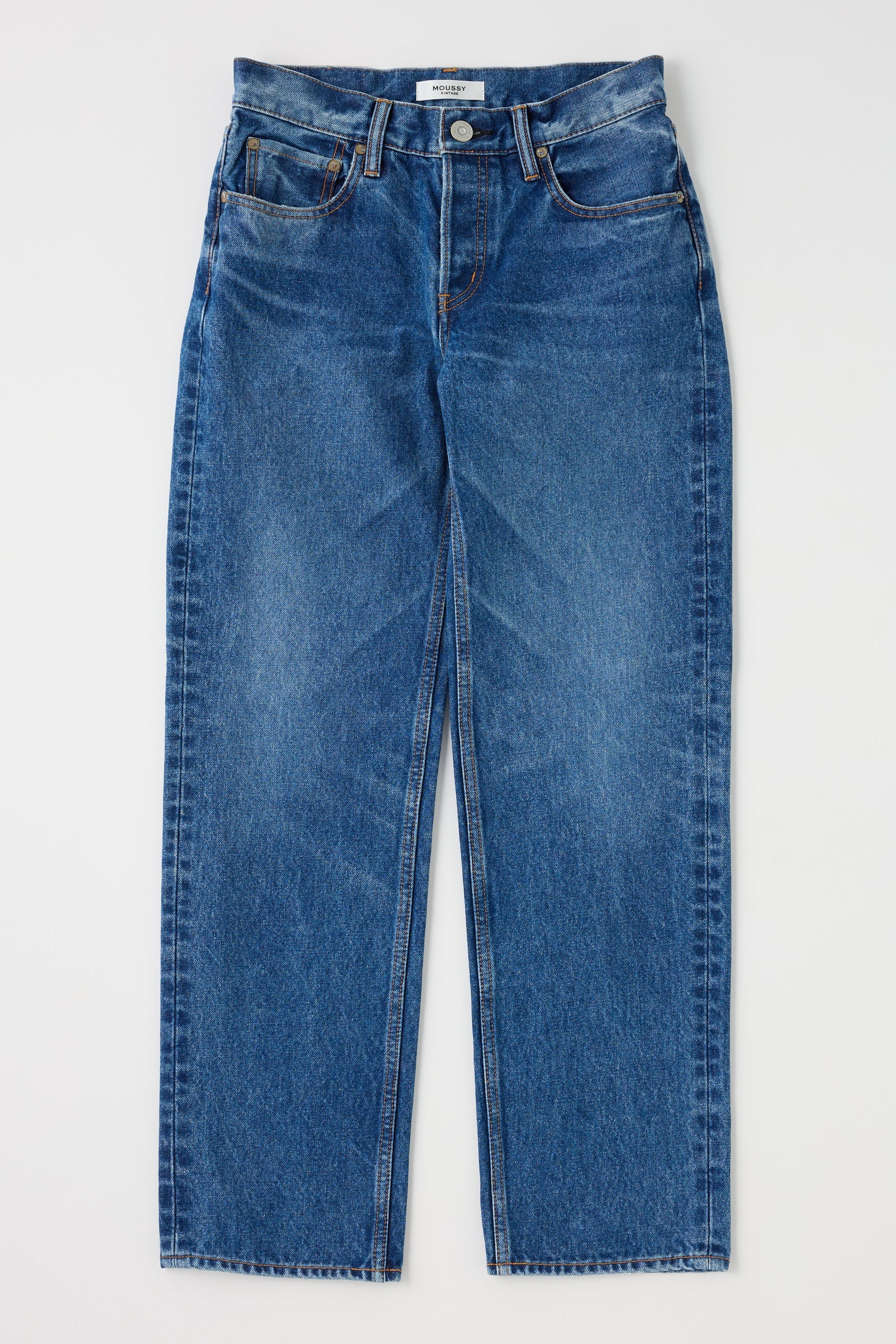 The Moussy Philadelphia Straight Low Rise Jeans feature classic blue Japanese denim, five pockets, and a button closure, shown laid flat on a white background.