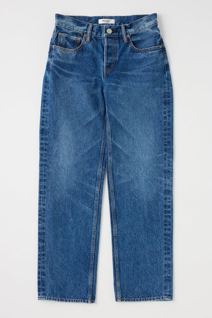 The Moussy Philadelphia Straight Low Rise Jeans feature classic blue Japanese denim, five pockets, and a button closure, shown laid flat on a white background.