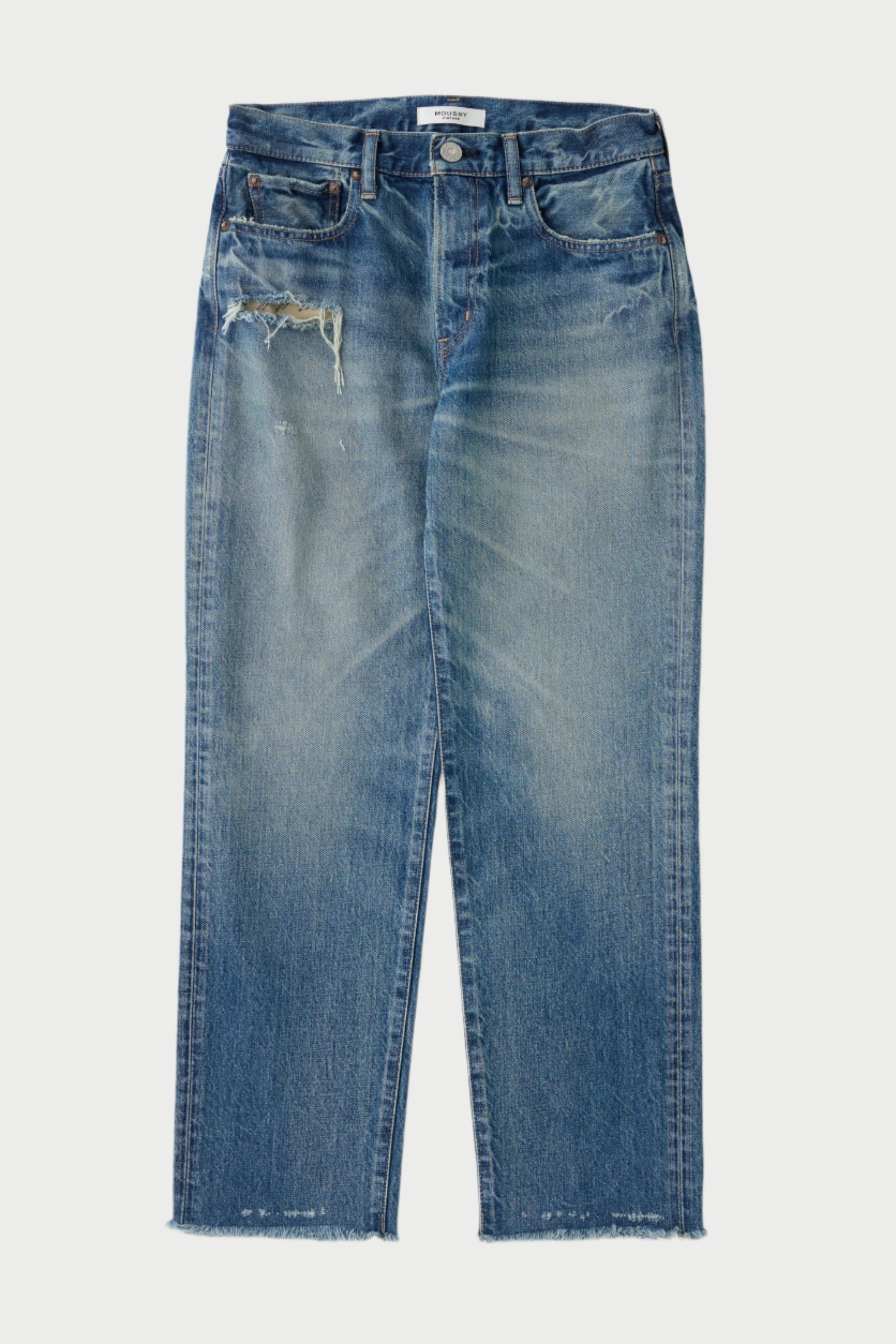 Sayville Boys Jeans by Moussy are crafted from Japanese denim, featuring frayed hems, front distressing, mid-rise fit, five-pocket design, button closure, and a faded worn look for effortless style.