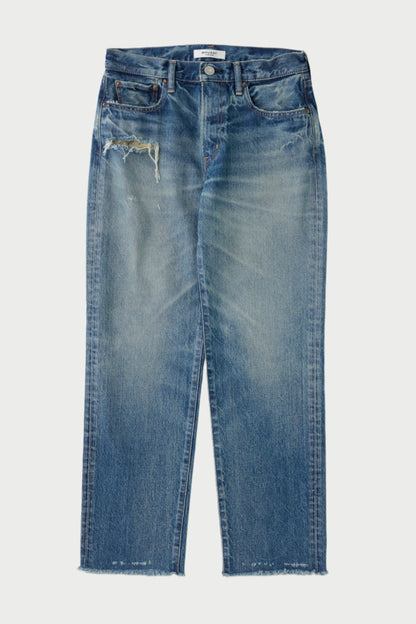 Sayville Boys Jeans by Moussy are crafted from Japanese denim, featuring frayed hems, front distressing, mid-rise fit, five-pocket design, button closure, and a faded worn look for effortless style.