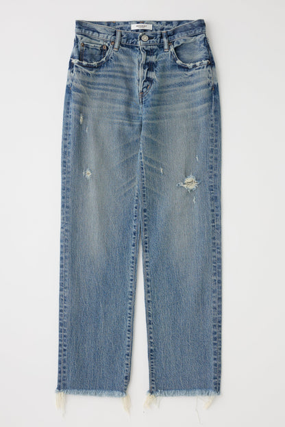 Blue jeans with a slight distressed look on a white background