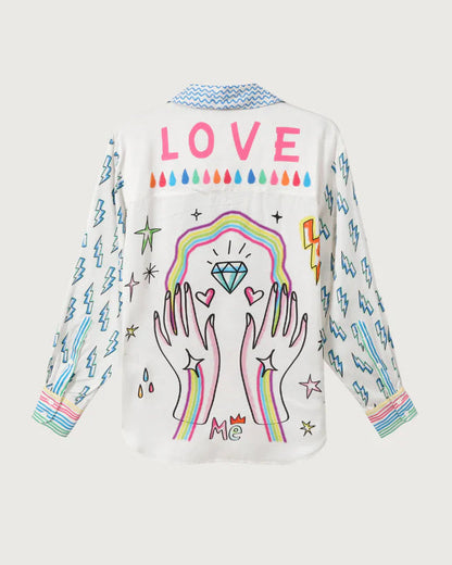 Colorful shirt with artistic design and 'LOVE' text on a white background