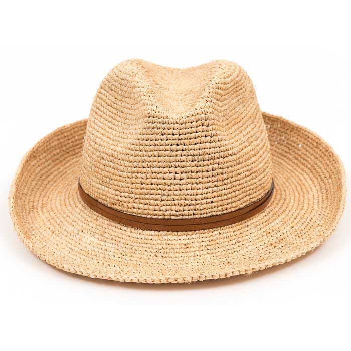 The Travaux en Cours Raffia Fedora Hat features light brown raffia, a wide brim, and a slim brown band—an essential summer accessory, shown against a white background.
