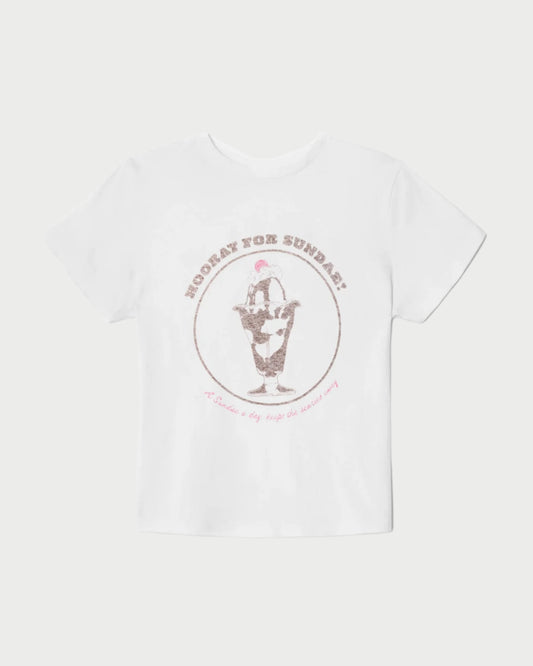The RE/DONE Sundae Tee is a white recycled cotton shirt with a chocolate sundae and cherry graphic, plus "HOORAY FOR SUNDAY!" in bold letters—a sweet vintage-inspired ice cream t-shirt for retro style.