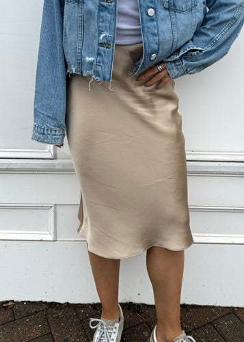 FRAME Denim Jacket, Sneakers and FRAME Midi Skirt, all available at west2westport.com