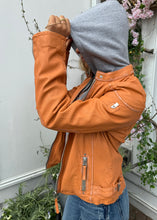 Load image into Gallery viewer, Orange leather jacket with hood, available at west2westport.com