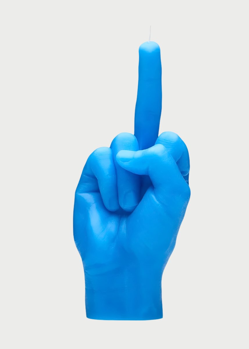 A blue F*ck You Candle Hand by 54° Celsius sets the perfect rebellious mood on a plain white background.