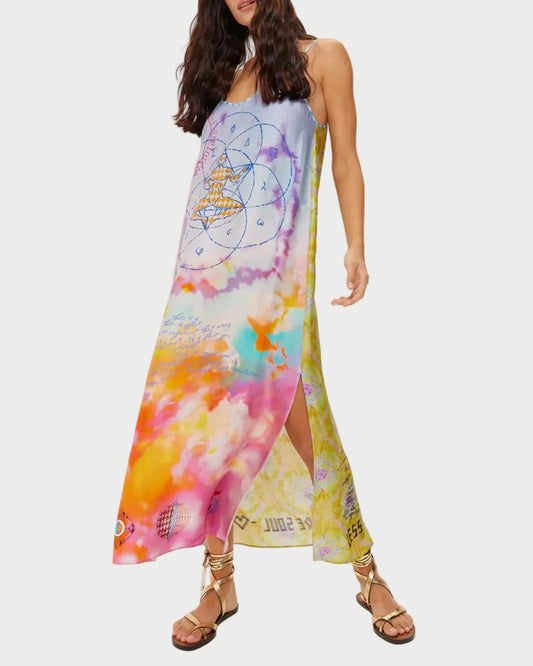 Woman wearing a colorful dress with a white background