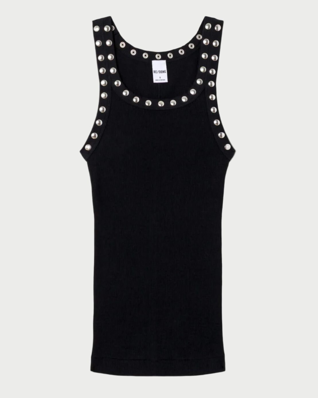 Black tank top with pearl embellishments on a white background