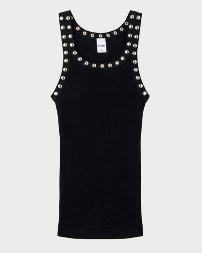 Black tank top with pearl embellishments on a white background