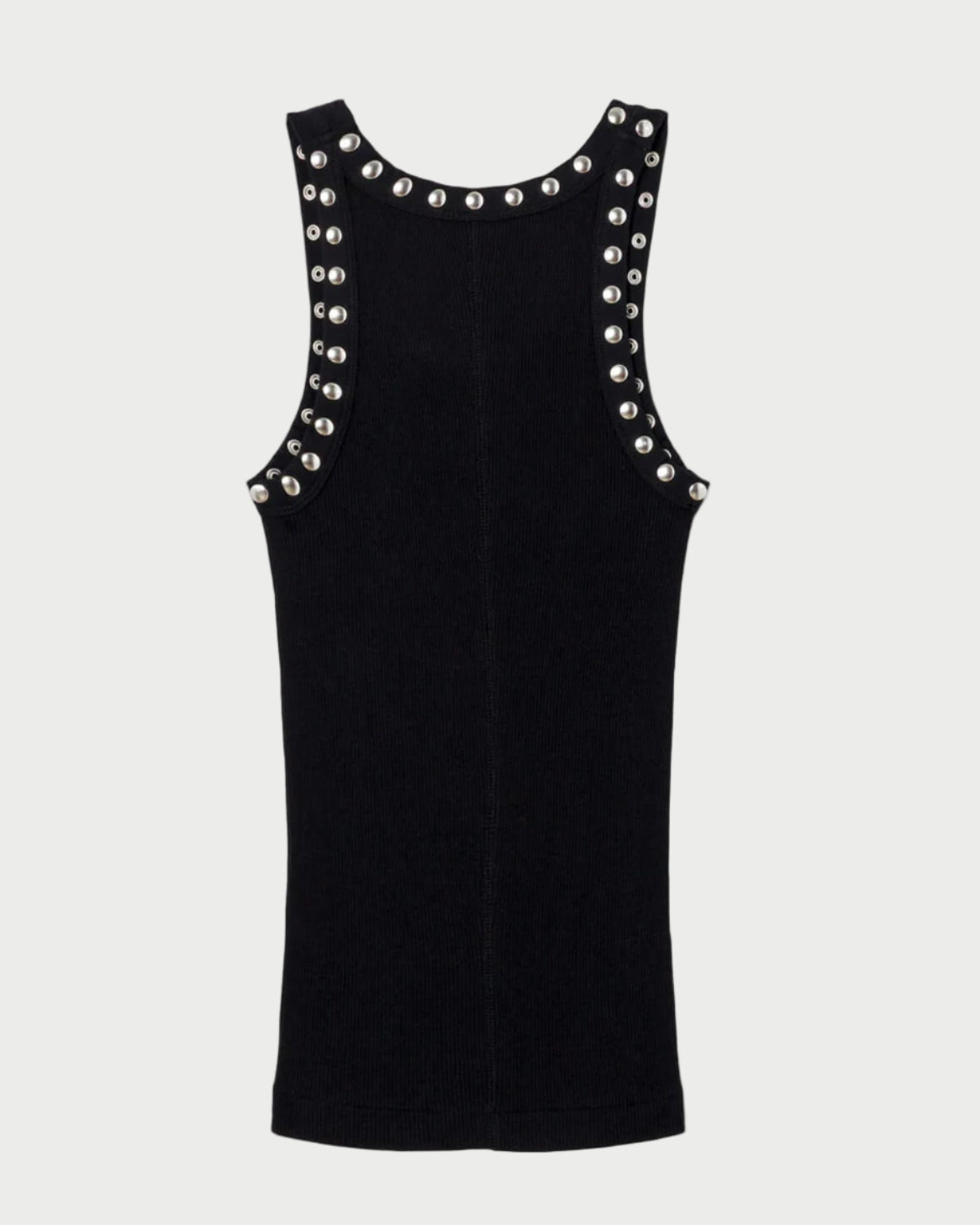 Black sleeveless dress with pearl embellishments on a white background