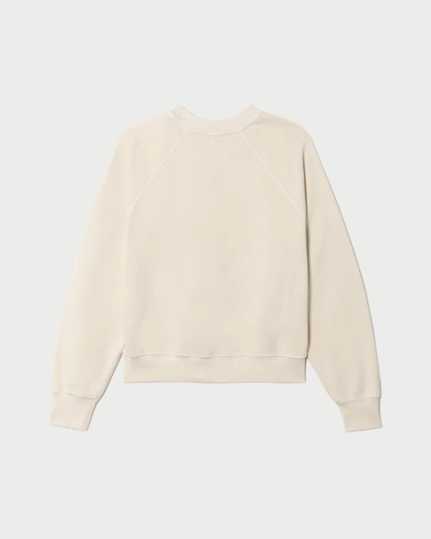 The RE/DONE Classic Crewneck Mickey Mouse is a vintage-inspired, cream French terry sweatshirt with long sleeves, ribbed cuffs, hem, and collar. Shown from the back on a white background with simple stitching details.