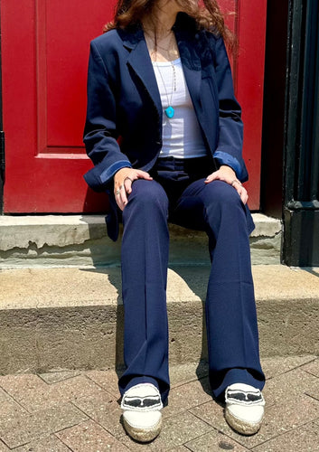 Raw edge FRAME Blazer in navy and matching pants, available at west2westport.com