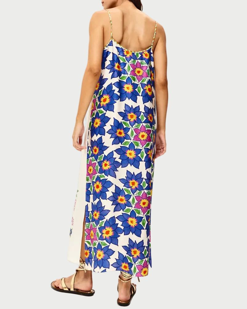 Woman wearing a floral dress with a white background