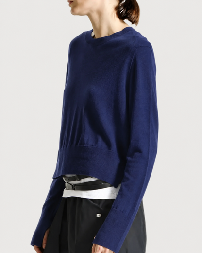 A model wearing a navy blue long-sleeve knit sweater, styled with a white and black striped shirt and black trousers, against a light gray studio background.
