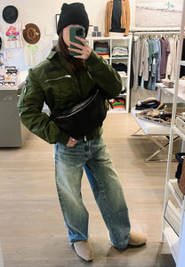 r13 jeans with zadig & voltaire bomber jacket, wool beanie and crossbody bag at west2westport.com