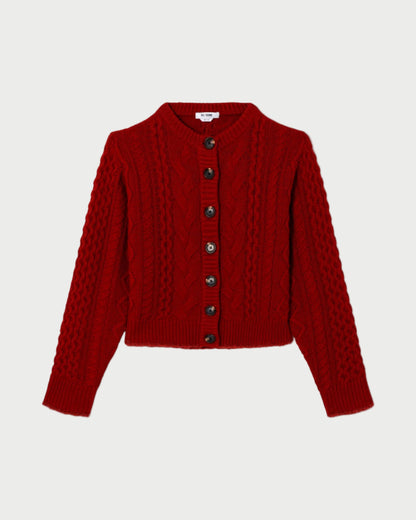 Red knitted cardigan on a white background