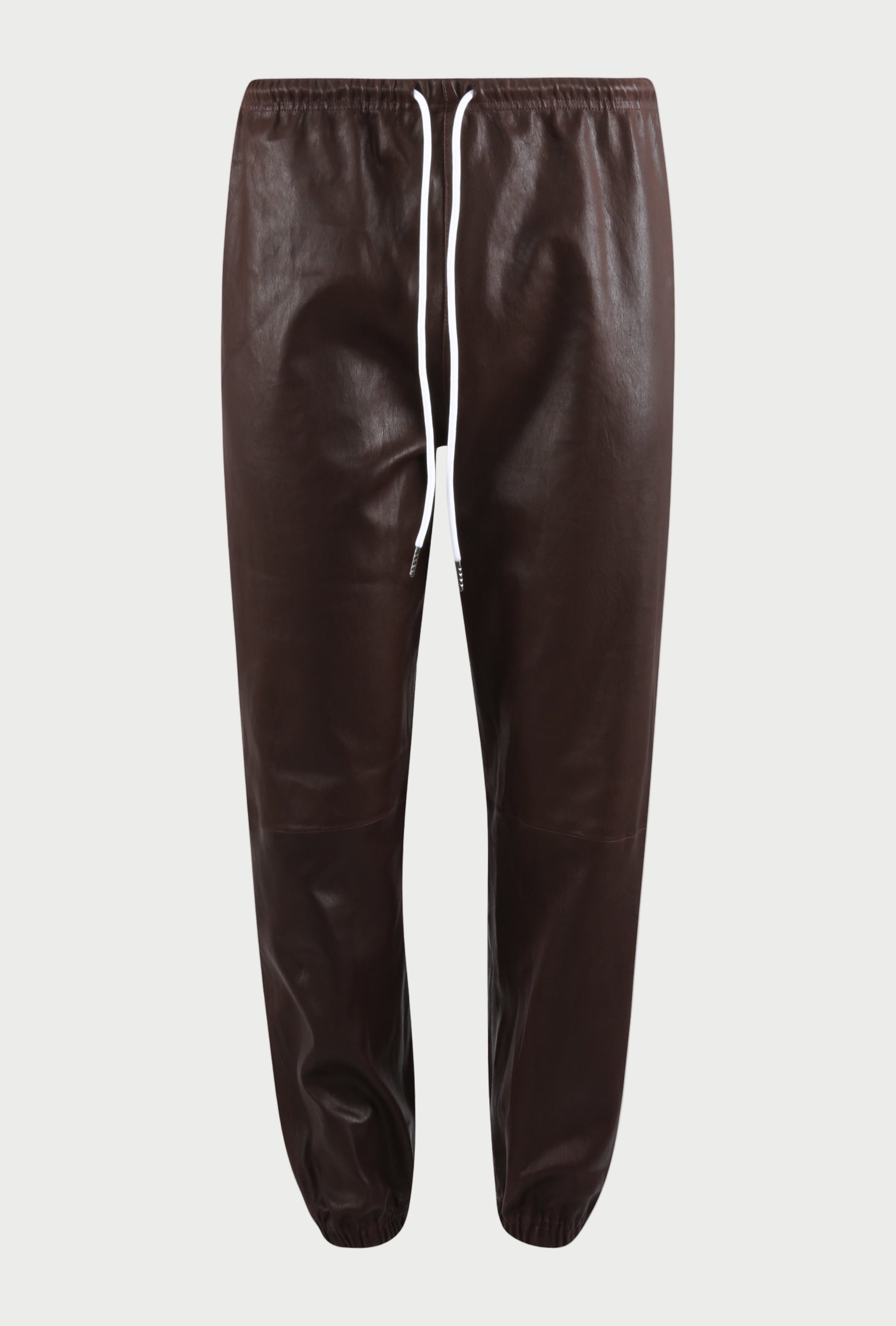 Brown leather jogger pants with a drawstring on a white background