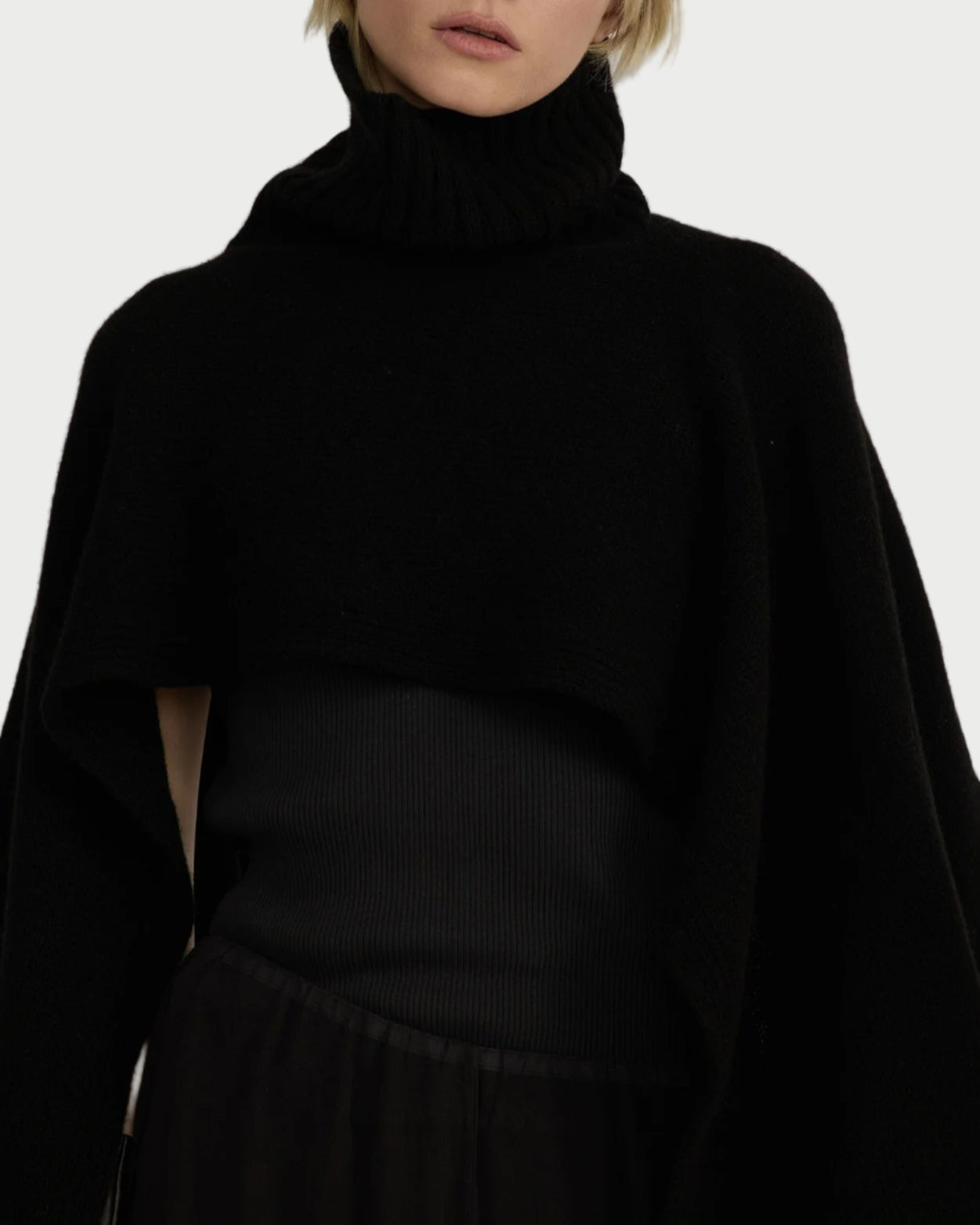 Person wearing a black turtleneck sweater against a plain background