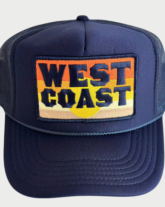 Navy blue cap with 'West Coast' patch on a white background