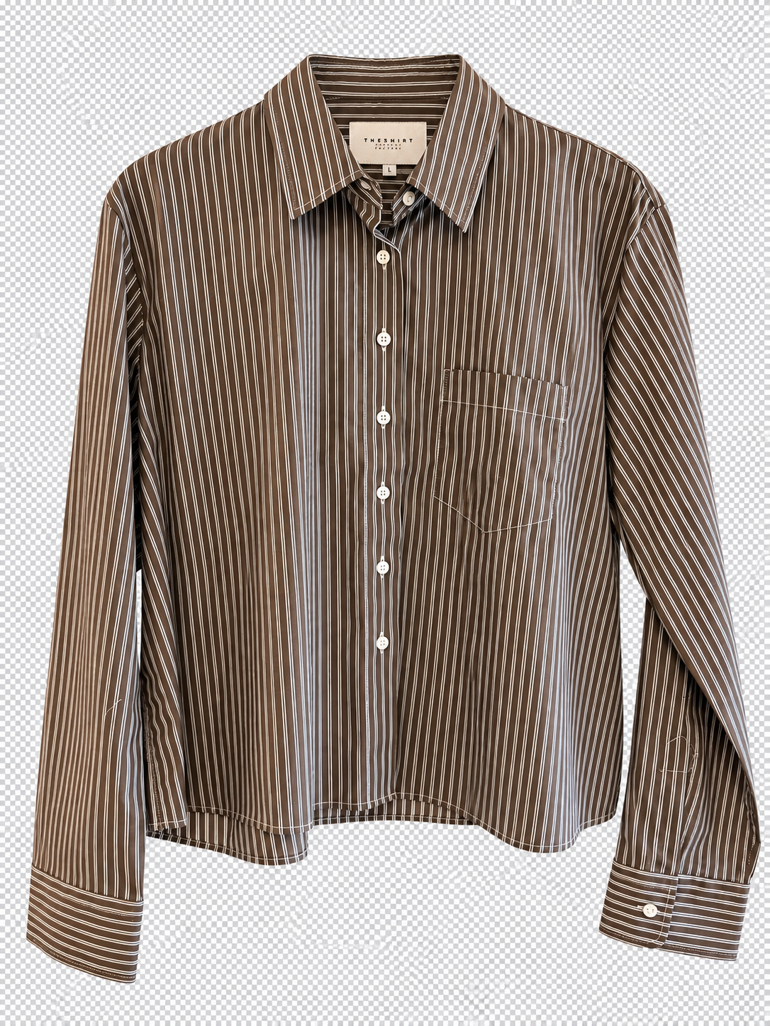 The Shirt Long Sleeve Stripe Boxy Crop by The Shirt is a modern brown and white vertically striped button-up shirt, featuring long sleeves, a single chest pocket, a spread collar, white buttons with no gape technology—all displayed on a transparent background.