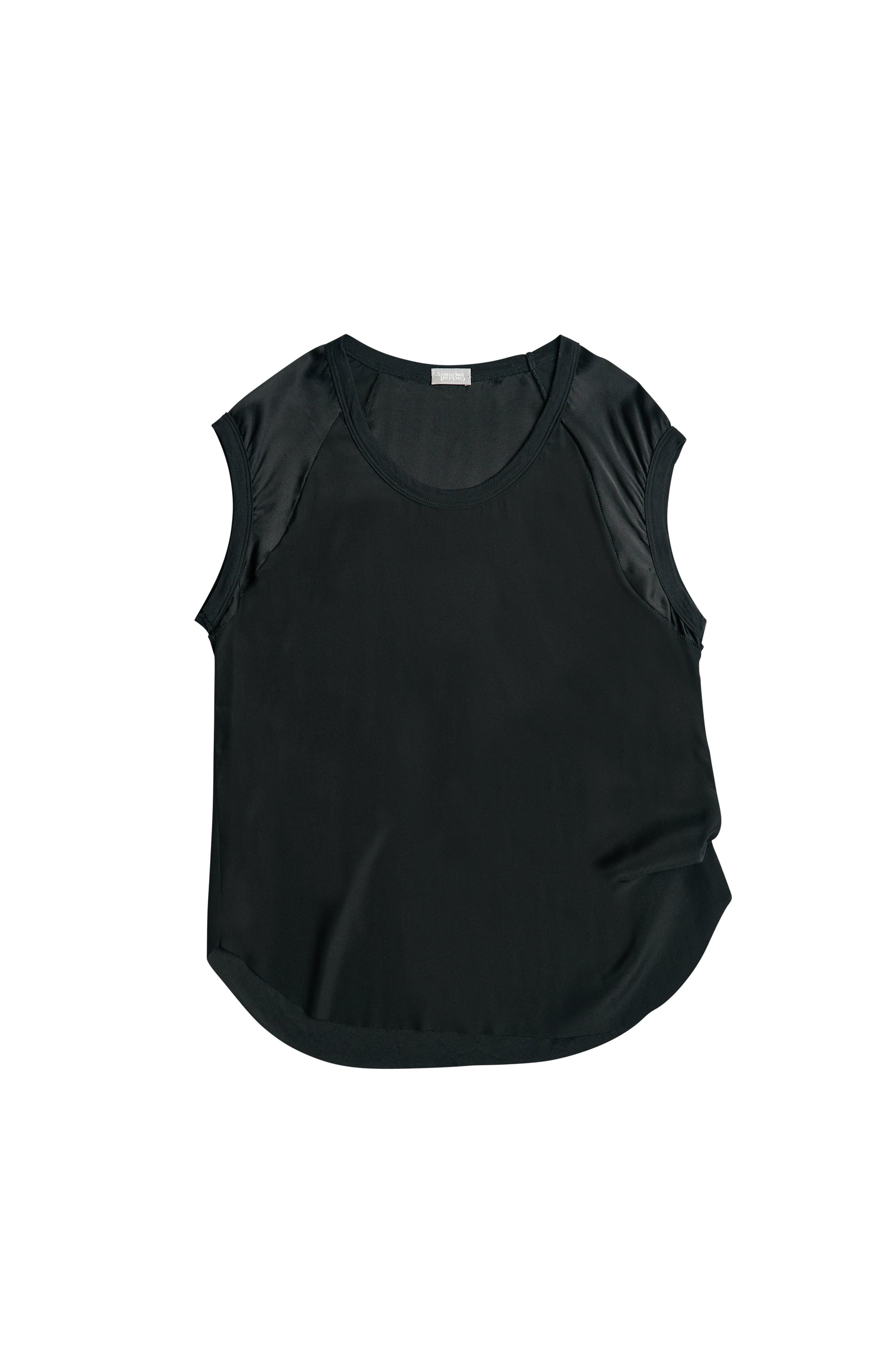 The CHAR Cap Sleeve Tee by Aquarius Cocktail is a black stretch silk top with short sleeves, a round neckline, and a loose fit. Expertly crafted in Los Angeles and shown on a white background.