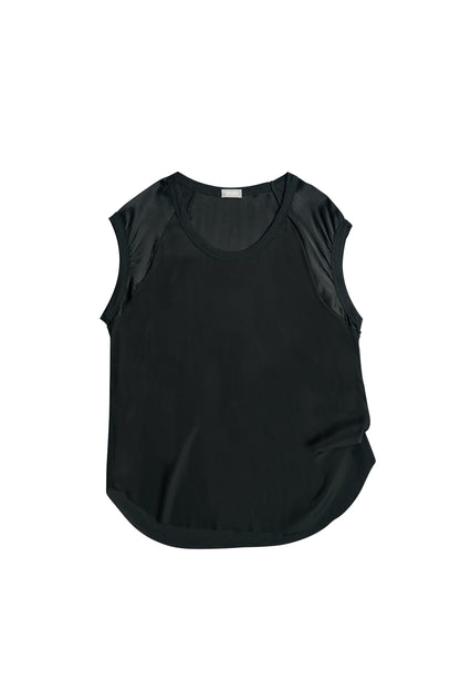 The CHAR Cap Sleeve Tee by Aquarius Cocktail is a black stretch silk top with short sleeves, a round neckline, and a loose fit. Expertly crafted in Los Angeles and shown on a white background.