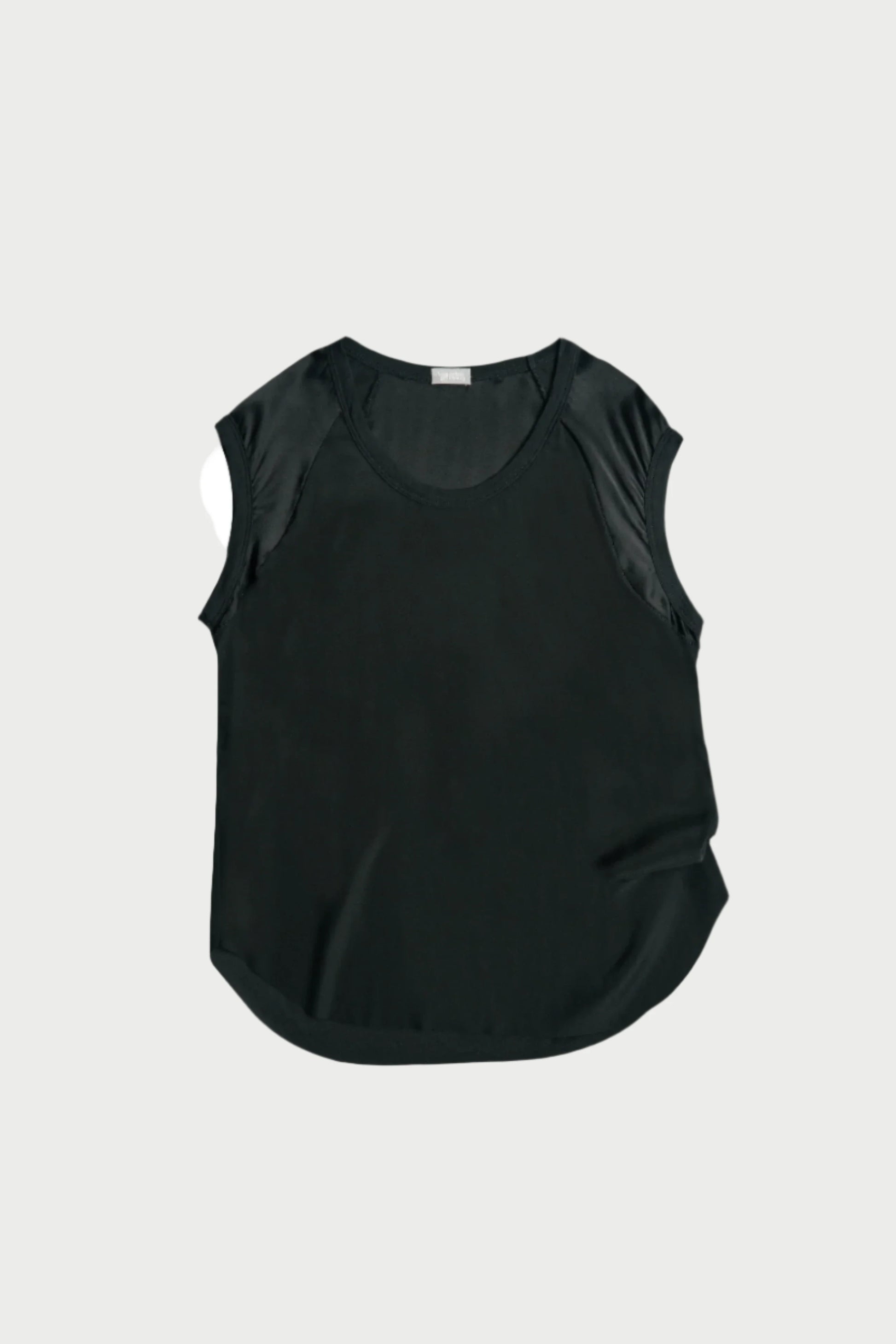 A sleeveless black Cap Sleeve Baseball Tee from AqC, featuring a round neckline and delicate silk charmeuse accents on the shoulders, displayed on a light gray background.