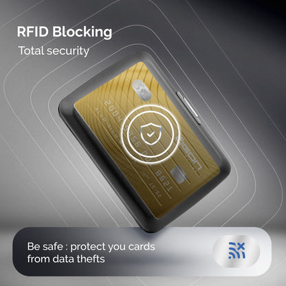 An Ogon Design Oslo Aluminum Card Holder by OGON Design in black holds a gold credit card. Text reads "RFID Blocking, Total security. Be safe: protect your cards from data thefts." An RFID protection icon appears in the corner.