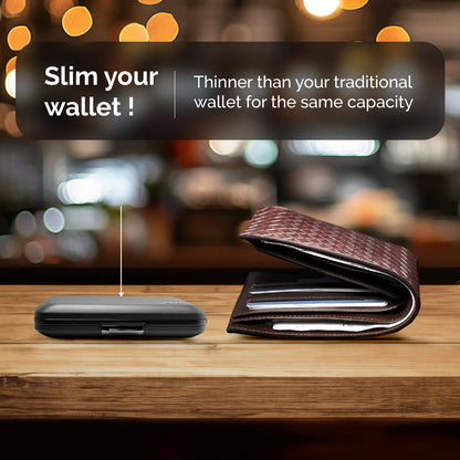 The OGON Design Oslo Aluminum Card Holder, a slim hard-shell with RFID protection, sits by a bulky leather wallet. Text above: "Slim your wallet! The Oslo holds as much as your old wallet—just way thinner.