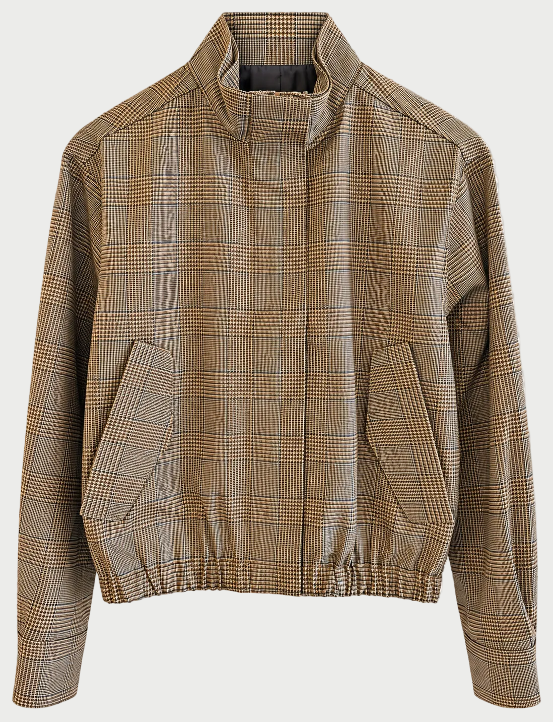 Introducing the WE-AR4 B Bomber by WE-AR4, a limited edition jacket crafted from upcycled wool in a brown and beige checkered pattern. This bomber features a high collar, long sleeves, two slanted front pockets, and an elastic waistband for added comfort and style.