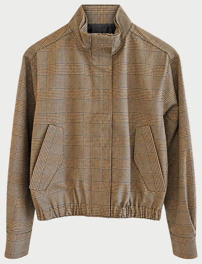 Introducing the WE-AR4 B Bomber by WE-AR4, a limited edition jacket crafted from upcycled wool in a brown and beige checkered pattern. This bomber features a high collar, long sleeves, two slanted front pockets, and an elastic waistband for added comfort and style.